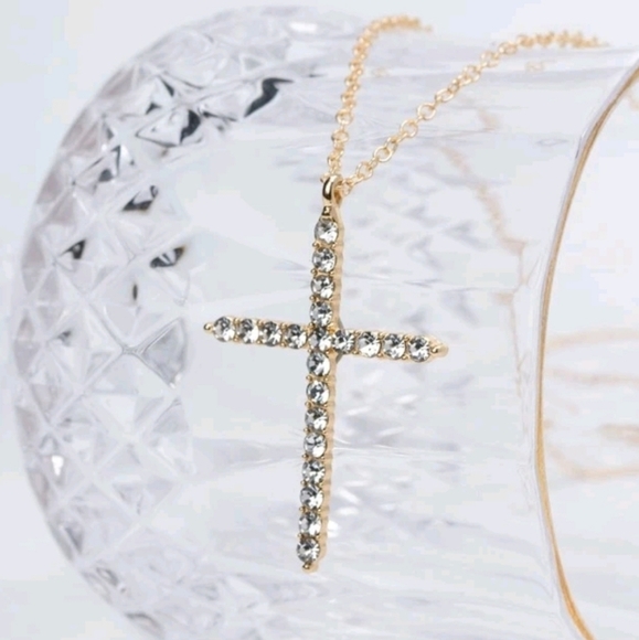 💖 2/$30 Gold Rhinestone religious cross pendant chain women's necklace New - Picture 11 of 13